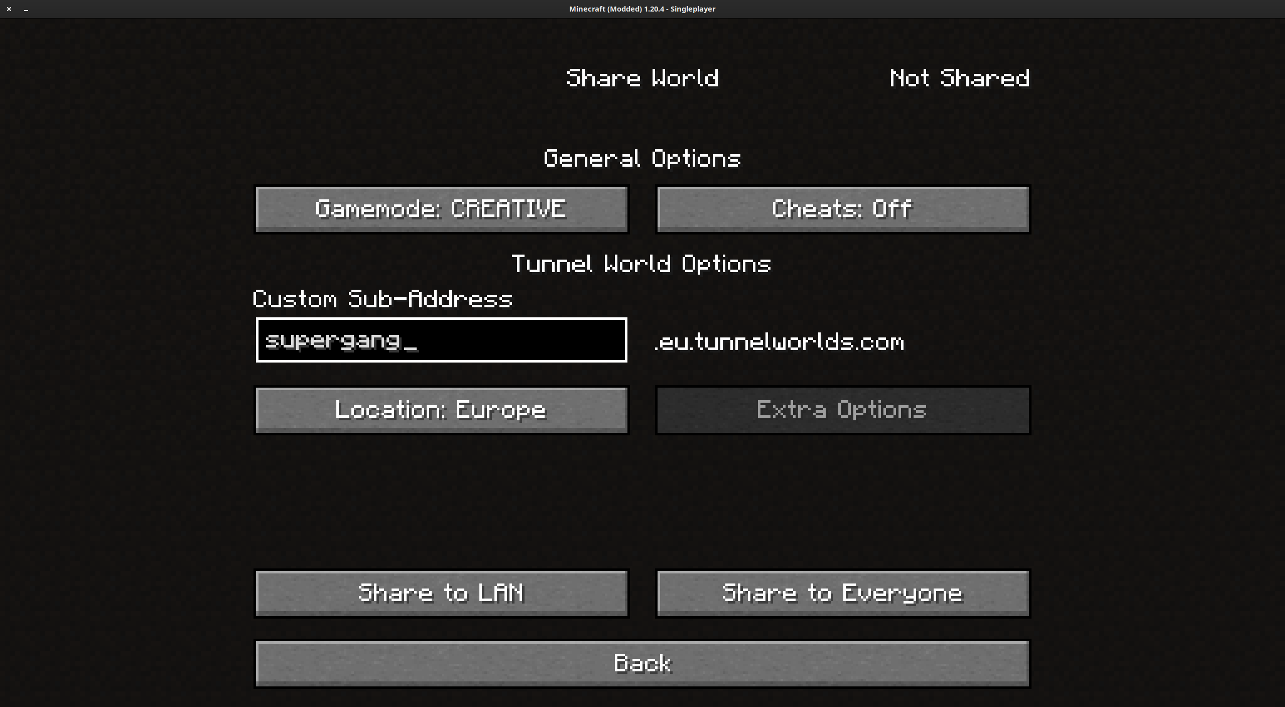 Screenshot of Tunnel Worlds settings while unconnected